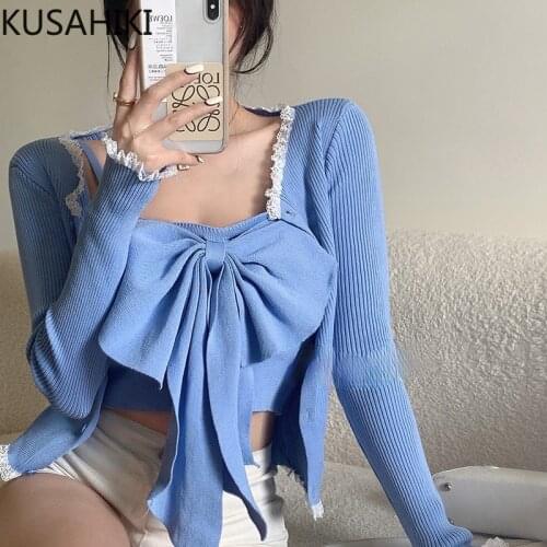 KUSAHIKI Spring Knitted Cardigan Women Sets Lace Patchwork Knitwear Coat + Sweet Bowknot Slim Baisc Sling Vest Korean Suit 6G396