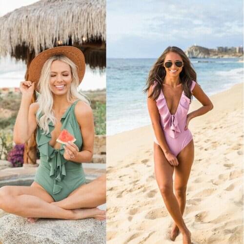 2019 New Style Solid Ruffles Deep V Neck Womens Bikini Swimsuit High Waist Ruffle Bathing Suit Swimwear Beachwear