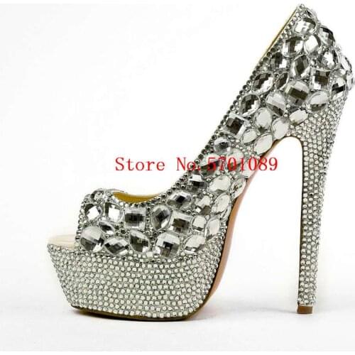 New Fashion Crystal Pumps Platform Princess Bride Rhinestone Diamonds Studs Bling Platform Peep Toe 160mm High Heel Shoes