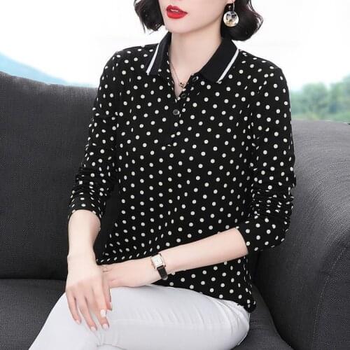 Spring and Autumn New Tops Womens T-shirts Long Sleeve Pure Color Polka Dot Western-style Small Shirts Lapel Casual