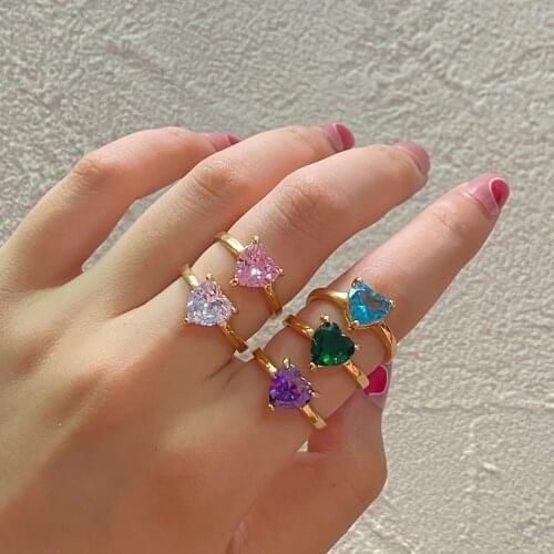 New Ins Vintage Three Prongs Heart Zircon Ring Creative Color Rhinestone Heart Rings For Women Girls Fashion Jewelry Gifts