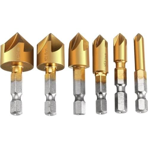 New 6 x 5 Flute 90degree 1/4inch Hex HSS Countersink Drill Bit Set Chamfer Cutter 6-19