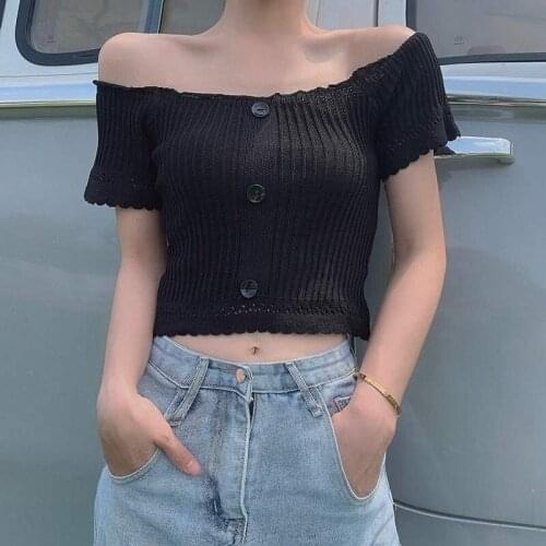 Slim Tees Summer T Shirt Vintage Tops for Girls Off Shoulder Cropped Sweters Purple Knitting Crop Top Women Clothes Fashion