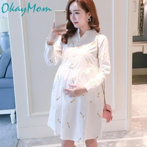 OkayMom Casual Loose Maternity Dresses Clothing Pregnant Women White OL Blouse Shirts Dress Pregnancy Wear Long Sleeve Vestidos