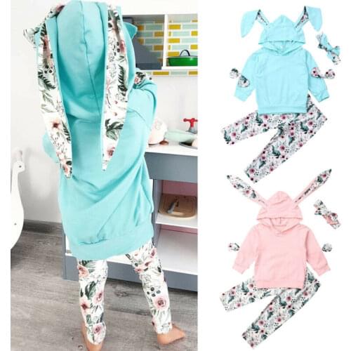 Autumn Winter Toddler Baby Girl Clothes Long Sleeve Rabbit Ears Hooded Tops+Flower Long Pants+Headband Kids Clothes Sets