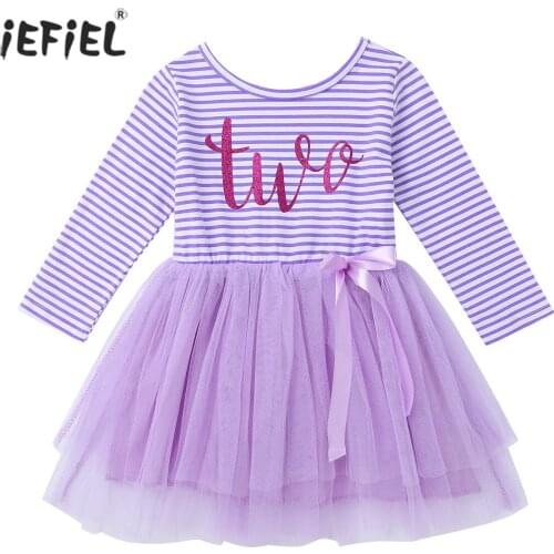 Casual Glitter One Striped Print Girls Dress O-Neck Long Sleeve Mesh Tutu Dress Cute Birthday Party Holiday Girls Princess Dress