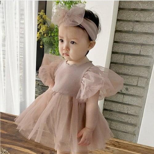 Pudcoco 0-24 Months Babys Clothing Set, Short Sleeve Round Neck Romper Dress and Headwear Two-piece Suit for Birthday Party