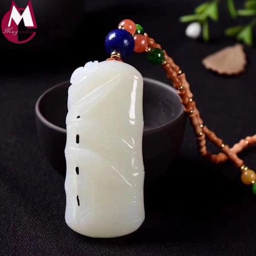 Luxury Gemstone Jewelry DIY 51mm*24mm Natural Jade Pendant Top Quality Lapis Emerald Bamboo Wedding Design Wood Chain Necklace