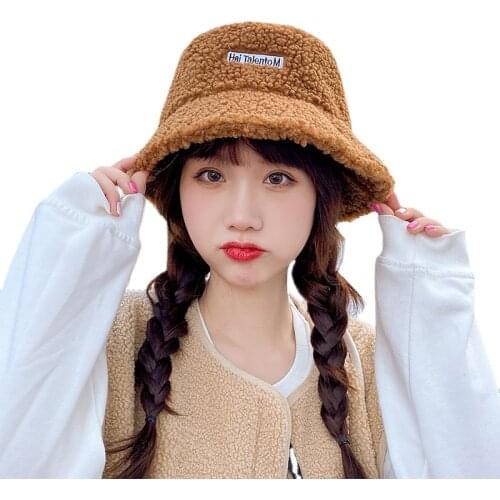 Sparsil New Unisex Autumn Winter Bucket Hats Adults Woman Casual Warm Lamb Wool Hat Female Fashion Solid Letter Fisherman Caps