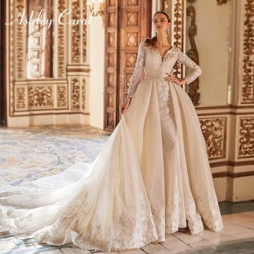 Ashley Carol Mermaid Wedding Dress 2021 Detachable Train Long Sleeve Appliques V-neck Backless Bridal Dresses Vestido De Noiva