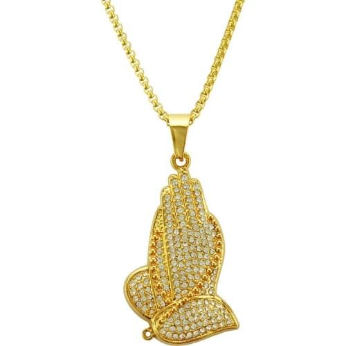 Hip Hop Rhinestones Paved Bling Iced Out Gold Praying Hand Pendants Necklace for Men Rapper Jewelry Drop Shipping