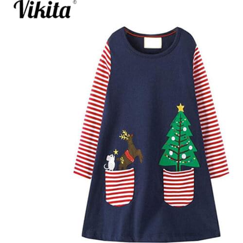 VIKITA Brand Baby Girls Christmas Clothes Girls Autumn Winter Dresses Long Sleeve Kids Cartoon Costumes Children Clothing