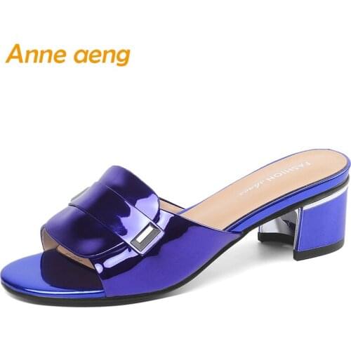 2020 New Summer Genuine Leather Outside Women Slippers 4cm Middle Square Heel Metal Fashion Casual Women Shoes Blue Mules Slides