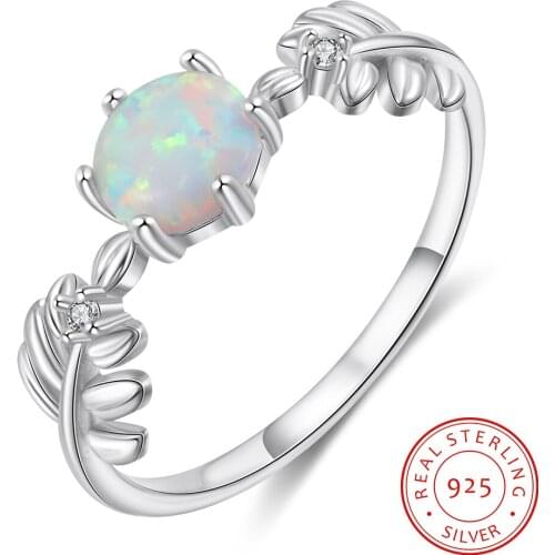 Real 925 Sterling Silver Leaf Ring Round White Opal Ring with Zircon Female Finger Rings Summer Jewelry Wedding Gift for Women