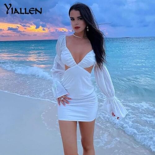 Yiallen Summer New Elegant Solid White Mini Dress for Women Fairy Hollow Out Flared Sleeves Party Clubwear Office Lady Clothing