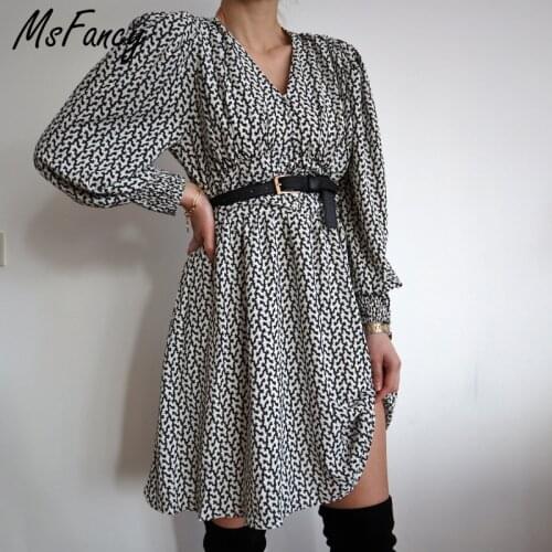 Msfancy Summer Print Vintage Dress Women 2021 Puff Sleeve Shrug Mini Vestido De Mujer V-neck High Waist Tunic Robes