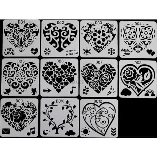 12Pcs Flower Heart Drawing Molds Children Painting Stencils DIY Paper Art Craft Card Label Scrapbook Bookmark Educational Toy