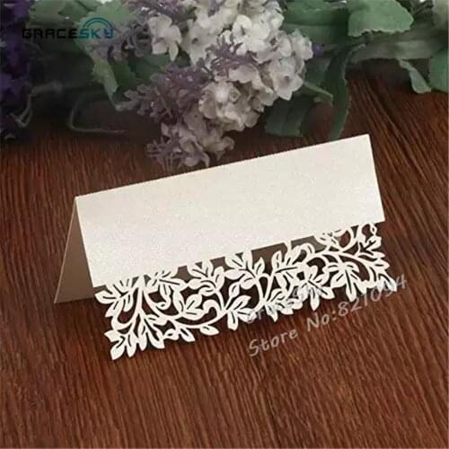 50pcs Free Shipping laser Cut Pearlescent Leaf Wedding Party Invitation Name Cards Place Card Seat Invitation Table holder Card