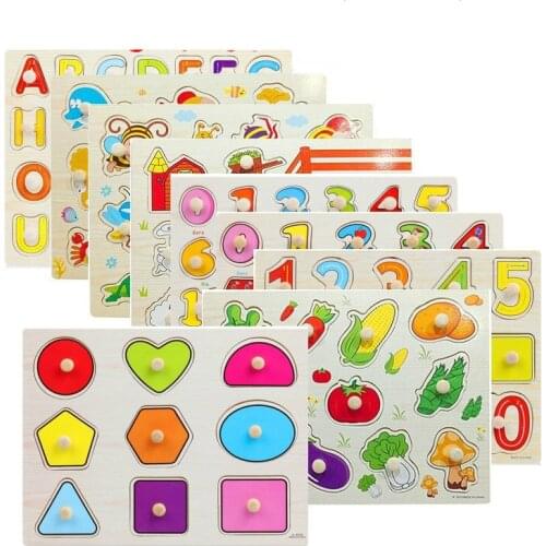 Kids Hand Grasp Wooden Puzzle Early educational Toys Tangram Jigsaw Board Cartoon letter fruit Animal color Puzzle babyToys