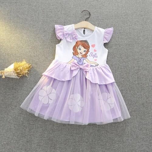 Disney Kids Dresses for Girls Sofia Princess Dress Christmas Halloween Childrens Clothing Elegant Cartoon Bow Mesh Print 1403