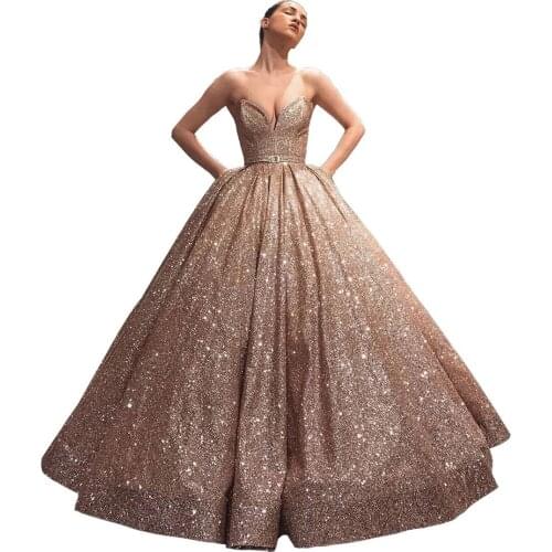 Long Gold Glitter Ball Gown Prom Dresses with Pockets Sweetheart Lace-up Back Formal Evening Party Ball Gowns Robe De Soiree