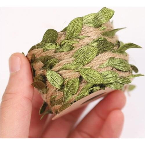 5M Jute Twine Burlap Leaf Ribbon Rope with Artificial Green Leaves Wedding Home Garden Decoration DIY Crafts Hemp Ropes