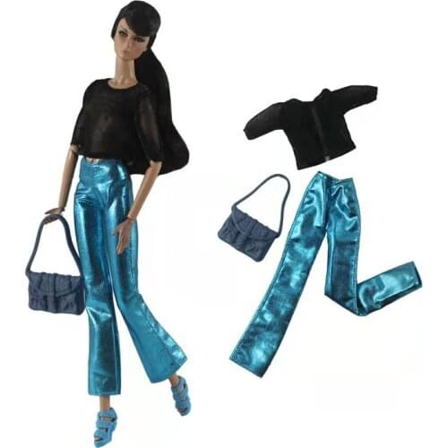 Black Shirt Blue Flared pants 11.5" Doll Outfits Set For Barbie Clothes Top Trousers Handbag 1/6 BJD Dolls Accessories Kids Toys