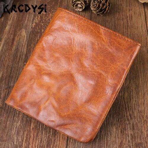 Genuine Cow Leather Original Handmade Retro Unisex Pleated Wallets Vertical Short Purse Modern Stylish Slim Coin Bag Money Clips