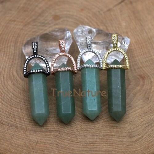 Aventurine Pencil Point Pendant Rose Gold, Silver Electroplated Charm Micro CZ Paved Beads Cap Accessories In 45*10 mm PM7400