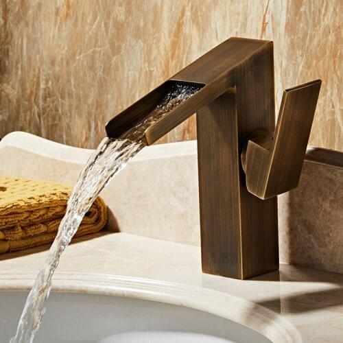 Bathroom Basin Faucet Brass Sink Mixer Tap Hot & Cold Lavatory Crane Deck Mounted Single Handle Waterfall Faucet Nickel/Antique