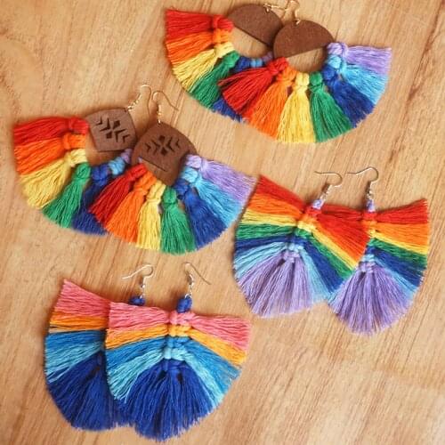 LGBT Rainbow Fringe Macrame Tassel Dangle Drop Earrings for Women