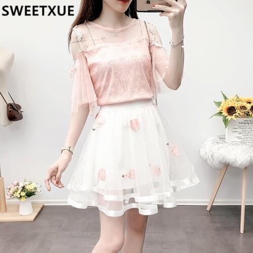 SWEETXUE Lovely Sweet Lace Off-The-Shoulder Swan Embroidered Mesh Skirt Two-Piece Suit Lady Party Elegant Set Women