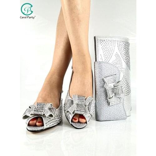 Newest Italian Design Mid Heels Silver Color African Party Women Shoes and Bag Special With Narrow Band and Cross-tiedl