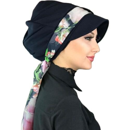New Fashion 2021 Islamic 1headscarf Turban Womens Hat Seasonal Bonnet One-piece Foulard Dark Navy Blue Scarf Hat Bone