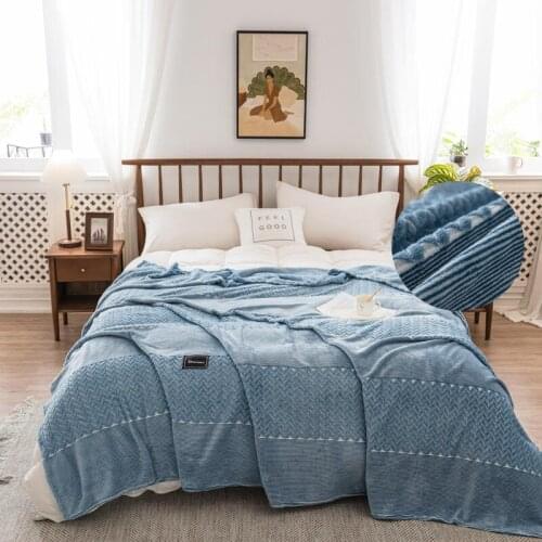 Striped Blanket Blue Color Soft Warm Bedspread for Winter Coral Fleece Fluffy couverture Queen/King Size Thow Blankets for Bed