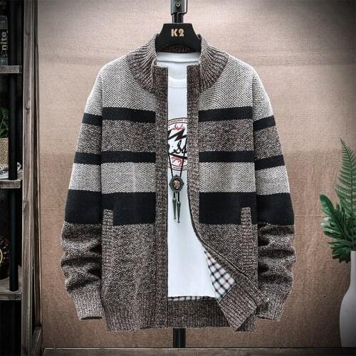 2021 Autumn Korean O-Neck Men Thick Sweaters with Velvet Mens Cardigan Knitted Sweatercoats Patchwork Jacket Male M-3XL