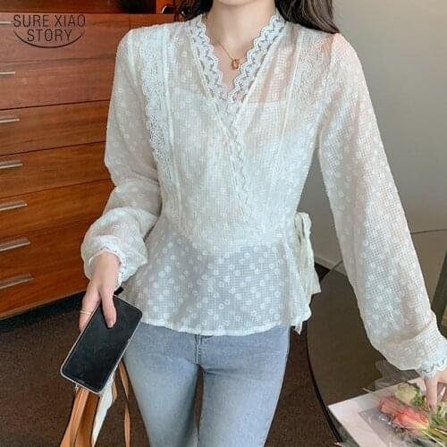 Autumn Gentle Polka Dot Fairy Blouse Noble Long Sleeve Cover Belly Shirt Elegant Hollow Crochet Cross Lace Stitching Shirt 16996