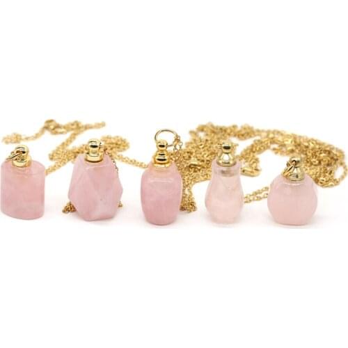 Natural Perfume Bottle Crystal Stone Pendant Necklace Fashion Rose Quartzs Essential Oil Diffuser Charm Copper Chain Jewelry