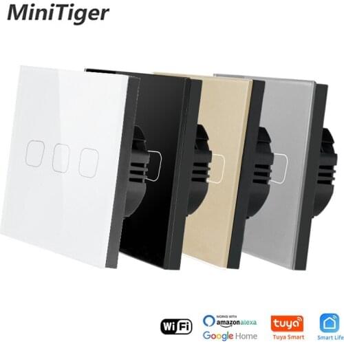 MinitigerGlass Panel EU Standard 3 Gang 1 Way Tuya Wall Light Touch Switch for Google Home Wireless Control Smart Switch