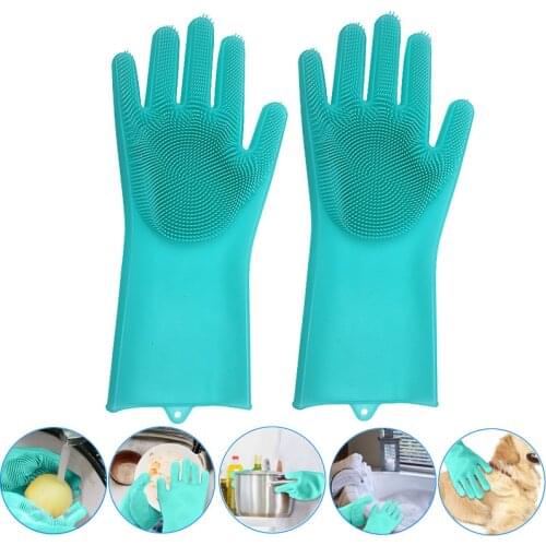 1-Pair Multi-Function Silicone Scrubber Rubber Kitchen Cleaning Gloves For Dish Washing House Cleaning Pet Grooming Car Washing