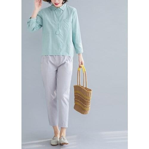 Shirt Cotton Linen Nine-point Pants Sets Women Autumn 2020 Womens New Plus Size Long-sleeved Casual Linen Two-piece Suit Q199