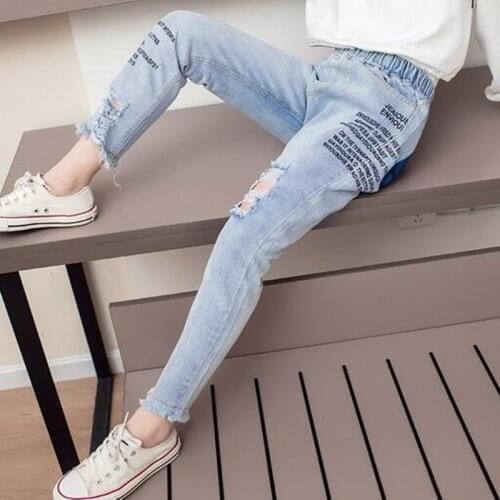 Kids Girls Ripped Jeans Autumn Children Broken Hole Loose Denim Trousers Teenager Elastic Waist Casual Jeans Pants for Girls