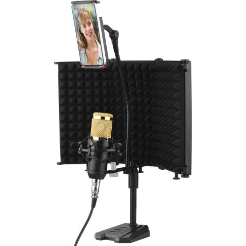 Foldable Isolation Shield + Microphone Kit 3-Panel Sound Absorbing Foam Reflector w/ Support Rod Base Phone Clip for Live Stream
