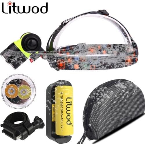 2 Led Bulbs XM-L T6 LED Diving Headlamp 18650 Battery Head Lamp Underwater 80m Headlight White & Yellow color for Bike Light