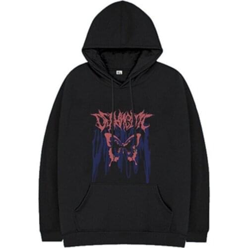 High street Harajuku dark butterfly Y2K printed sweater street loose casual sports sweater hooded jacket long-sleeved round neck
