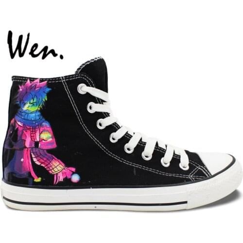 Wen Anime Hand Painted Shoes Natsu Fairy Tail Logo High Top Black Canvas Sneakers for Men Womens Birthday Gifts