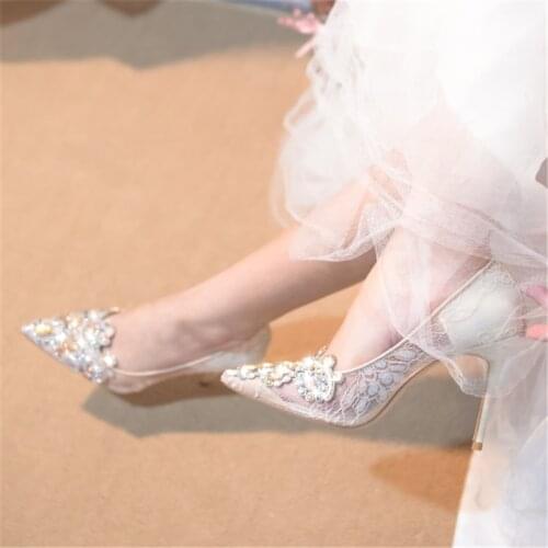 Stilettos female spring 2021 sexy rhinestone all-match banquet dress single shoes pointed lace large size bridal wedding shoes