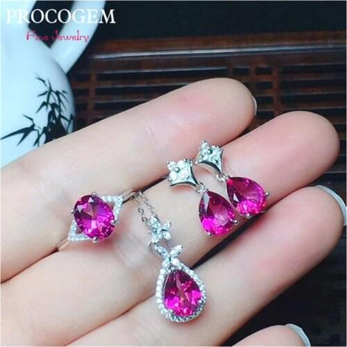 Fancy Natural Pink Topaz Jewelry sets for women Party Genuine Gemstones with CZ Necklace Ring Earrings 925 Sterling silver #557