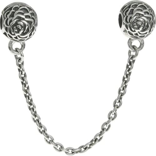 Authentic 925 Sterling Silver Bead Rose Flower Safety Chain Charm Fit Fashion Women Pandora Bracelet Bangle Gift DIY Jewelry