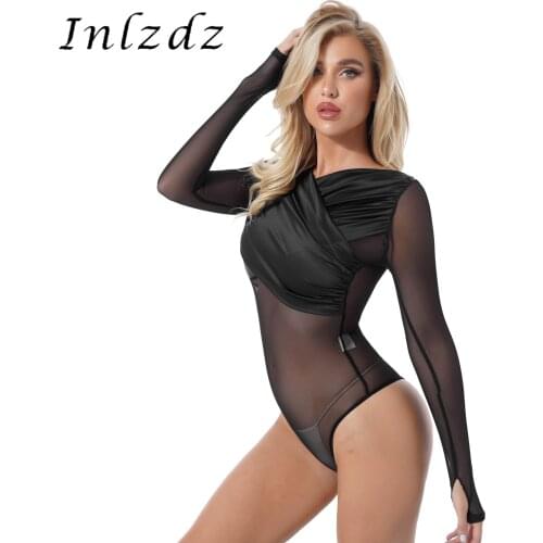 Womens Lingerie Bodycon Bodysuit Sexy Sheer Mesh Patchwork Party Rompers Long Sleeve Wrapped V Neck Slim Fit Leotard Bodysuits